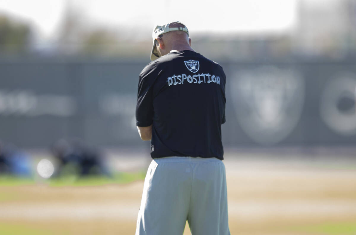 Raiders defensive line coach Rod Marinelli bows his head during a practice session at the Raide ...