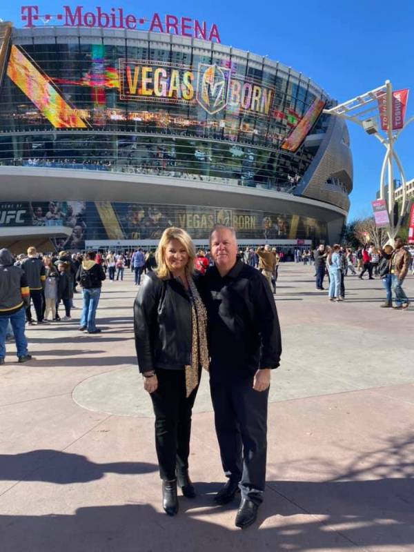 John Tournour, aka J.T. The Brick, is shown with his wife, Julie, at T-Mobile Arena on New Year ...