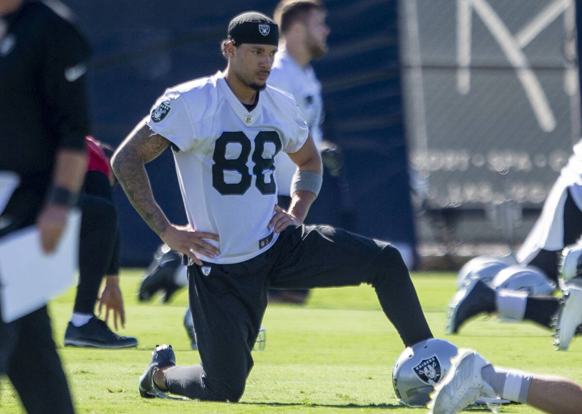 Raiders wide receiver Marcell Ateman (88) stretches during a practice session at the Raiders He ...