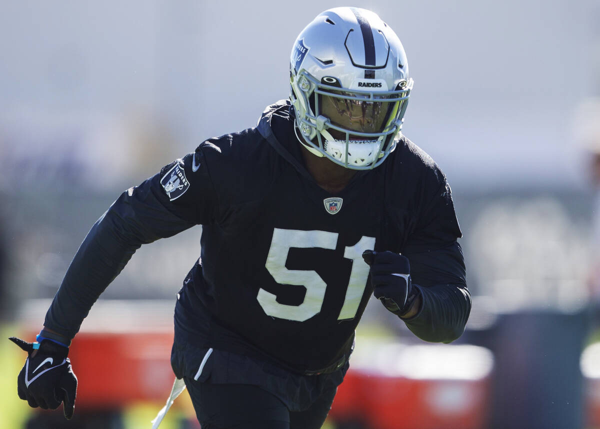 Raiders defensive end Malcolm Koonce (51) runs during a practice session at the Raiders Headqua ...