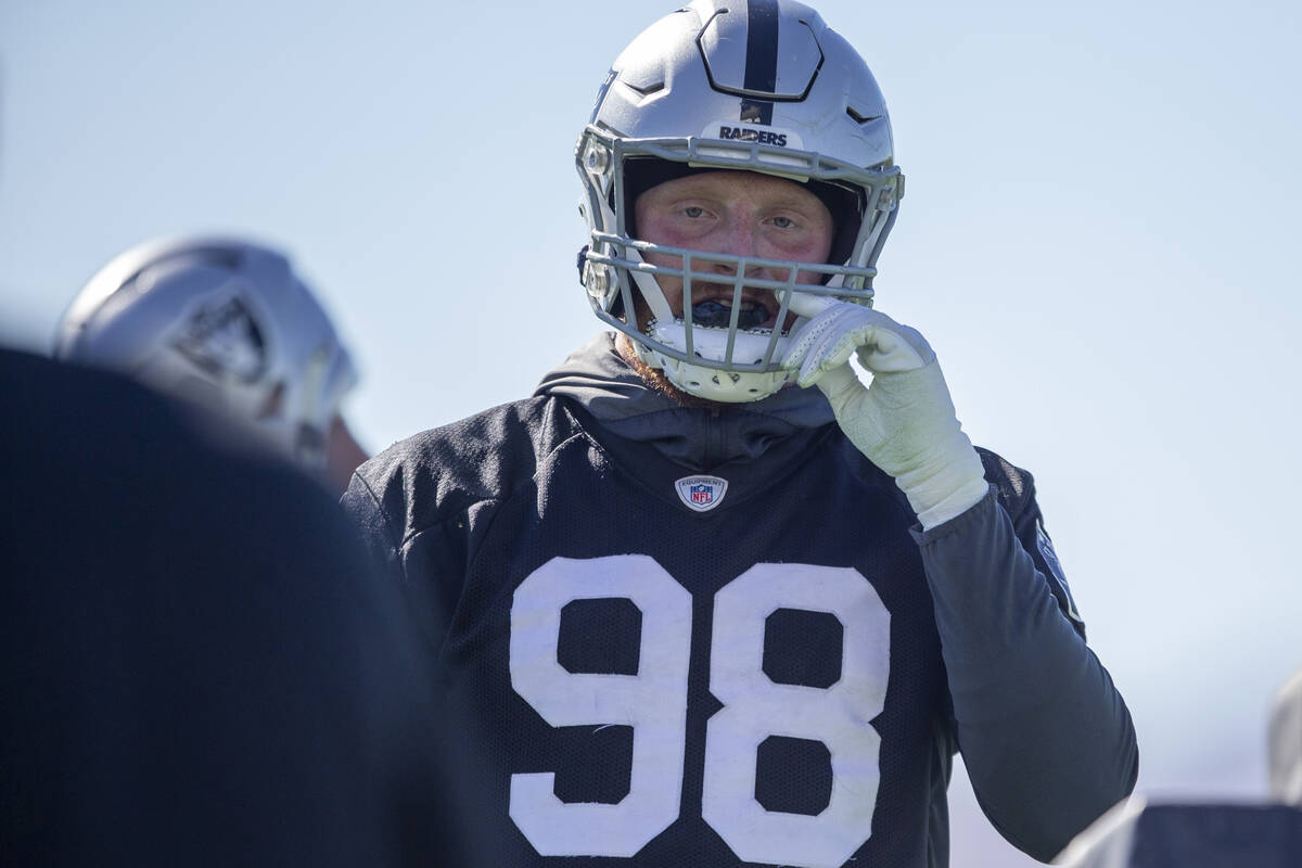 Raiders defensive end Maxx Crosby (98) looks on during a practice session at the Raiders Headqu ...