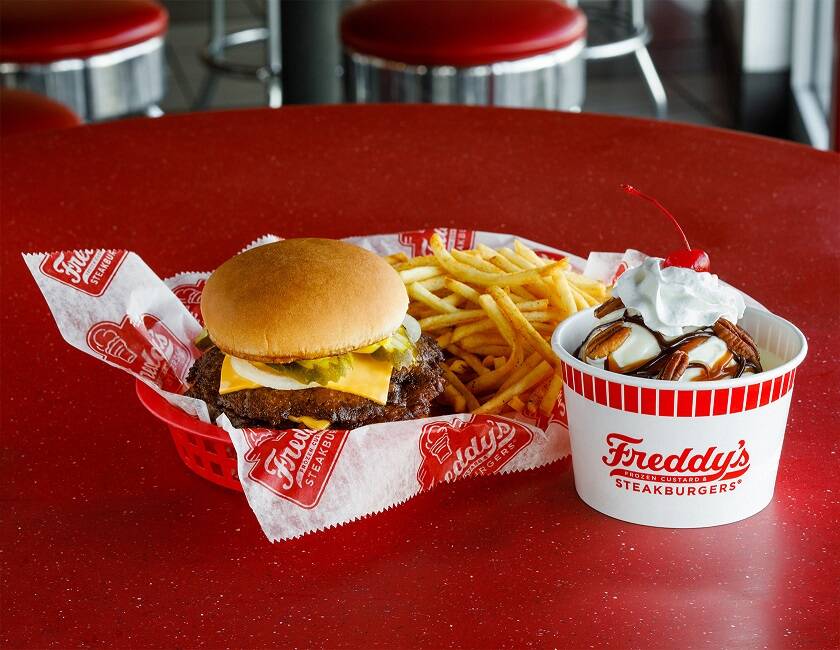 Freddy's Original Double combo meal comes with fries or chips and a medium drink. (Freddy's Fro ...