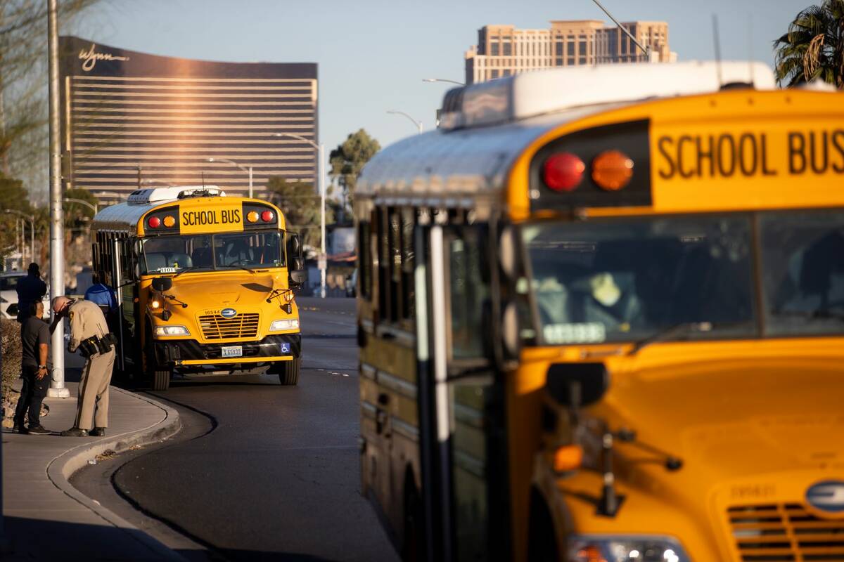 Police investigate the scene of a fatal pedestrian crash involving a school bus near West Deser ...