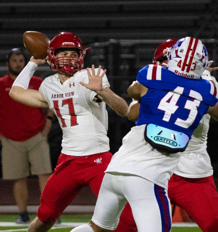 Arbor View High quarterback Kyle Holmes (17) throws the ball as Liberty High linebacker Simpson ...