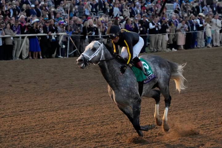 Joel Rosario rides Knicks Go to victory during the Breeders' Cup Classic race at the Del Mar ra ...