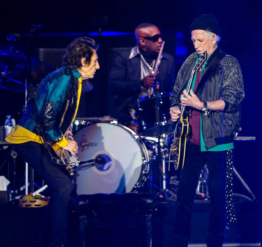 Ronnie Wood, left, and Keith Richards of The Rolling Stones perform at Allegiant Stadium in Las ...