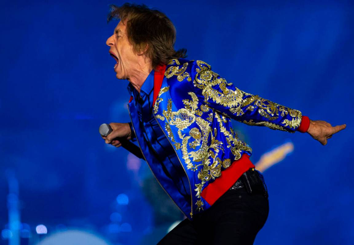 Mick Jagger of The Rolling Stones performs at Allegiant Stadium in Las Vegas on Saturday, Nov. ...