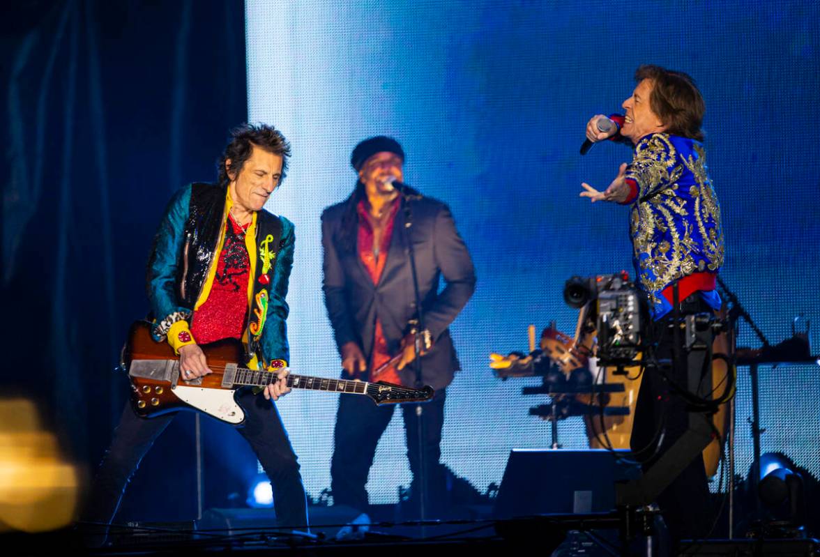 Ronnie Wood, left, and Mick Jagger of The Rolling Stones perform at Allegiant Stadium in Las Ve ...