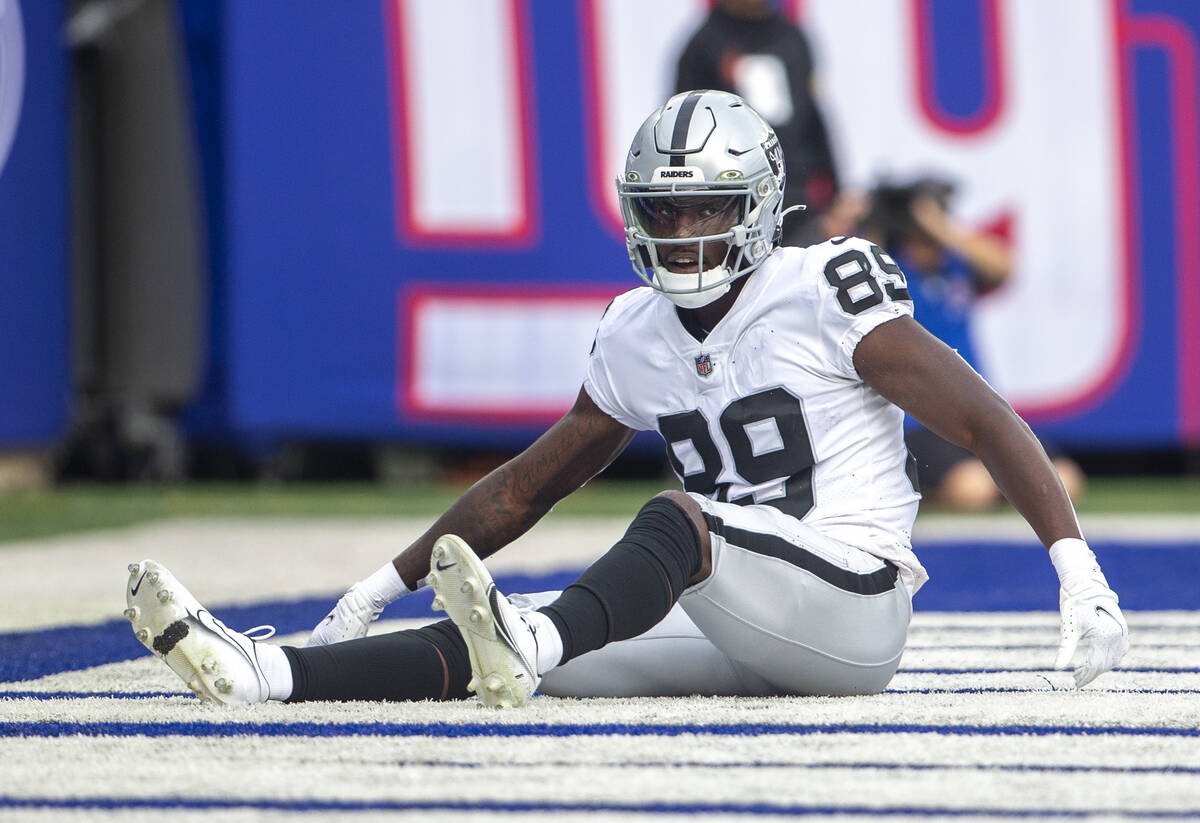 Las Vegas Raiders wide receiver Bryan Edwards (89) remains down in the end zone after a pass in ...