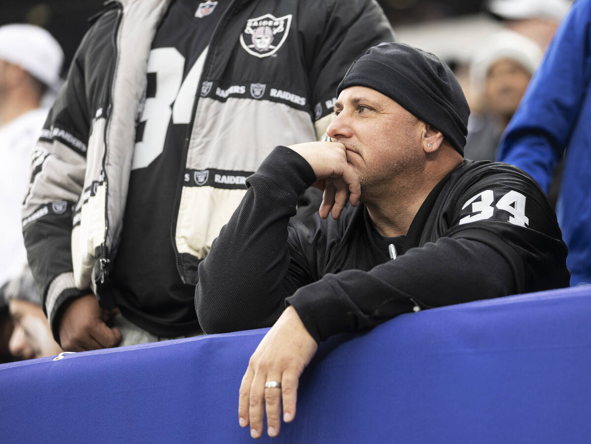 Raiders fans during an NFL football game against the New York Giants on Sunday, Nov. 7, 2021, a ...