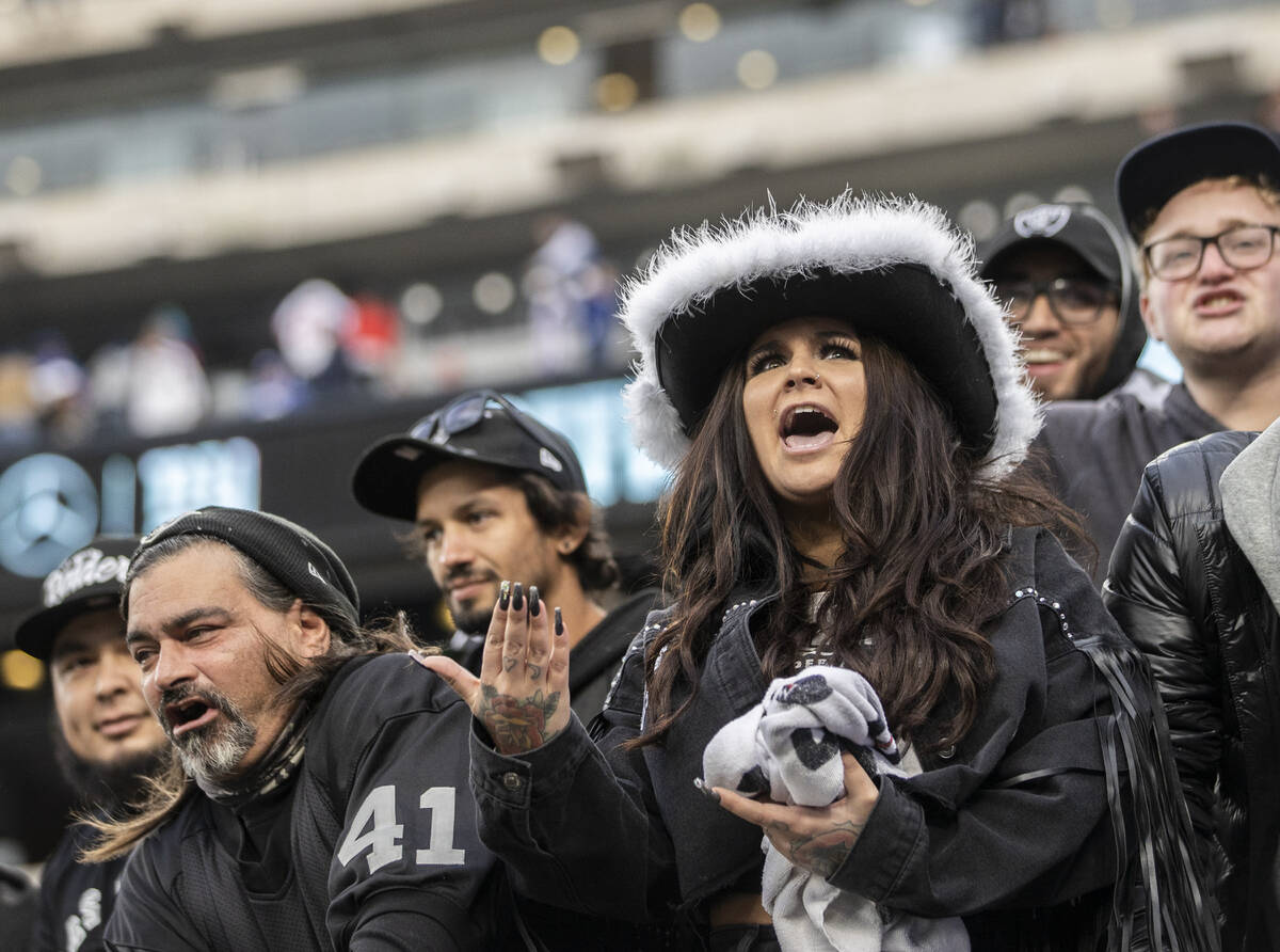 Raiders fans during an NFL football game against the New York Giants on Sunday, Nov. 7, 2021, a ...