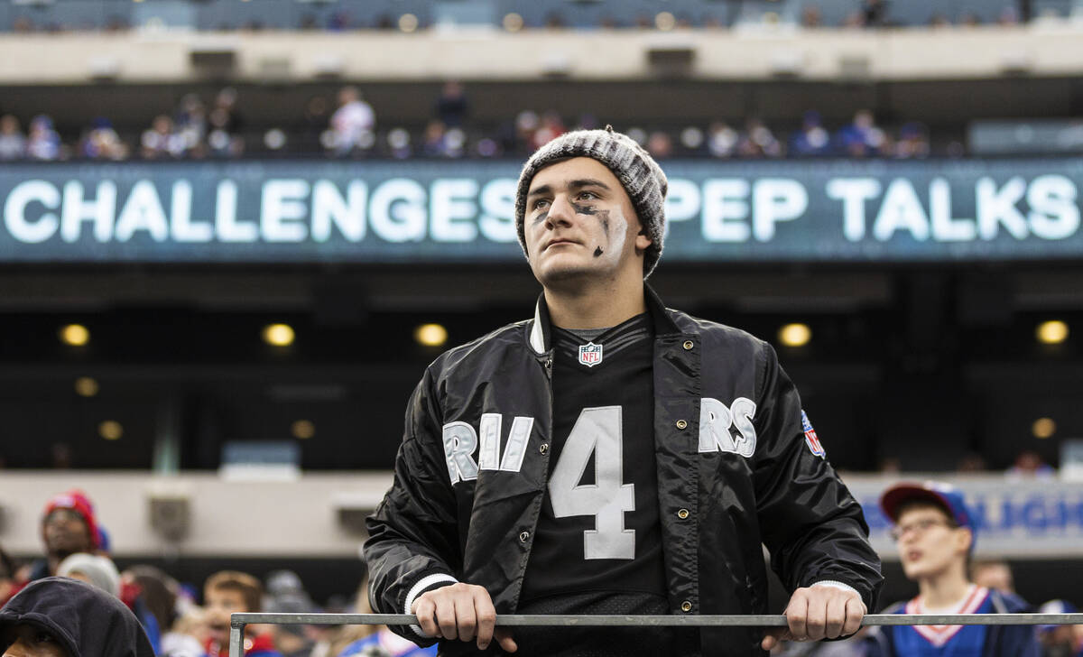 Raiders fans during an NFL football game against the New York Giants on Sunday, Nov. 7, 2021, a ...