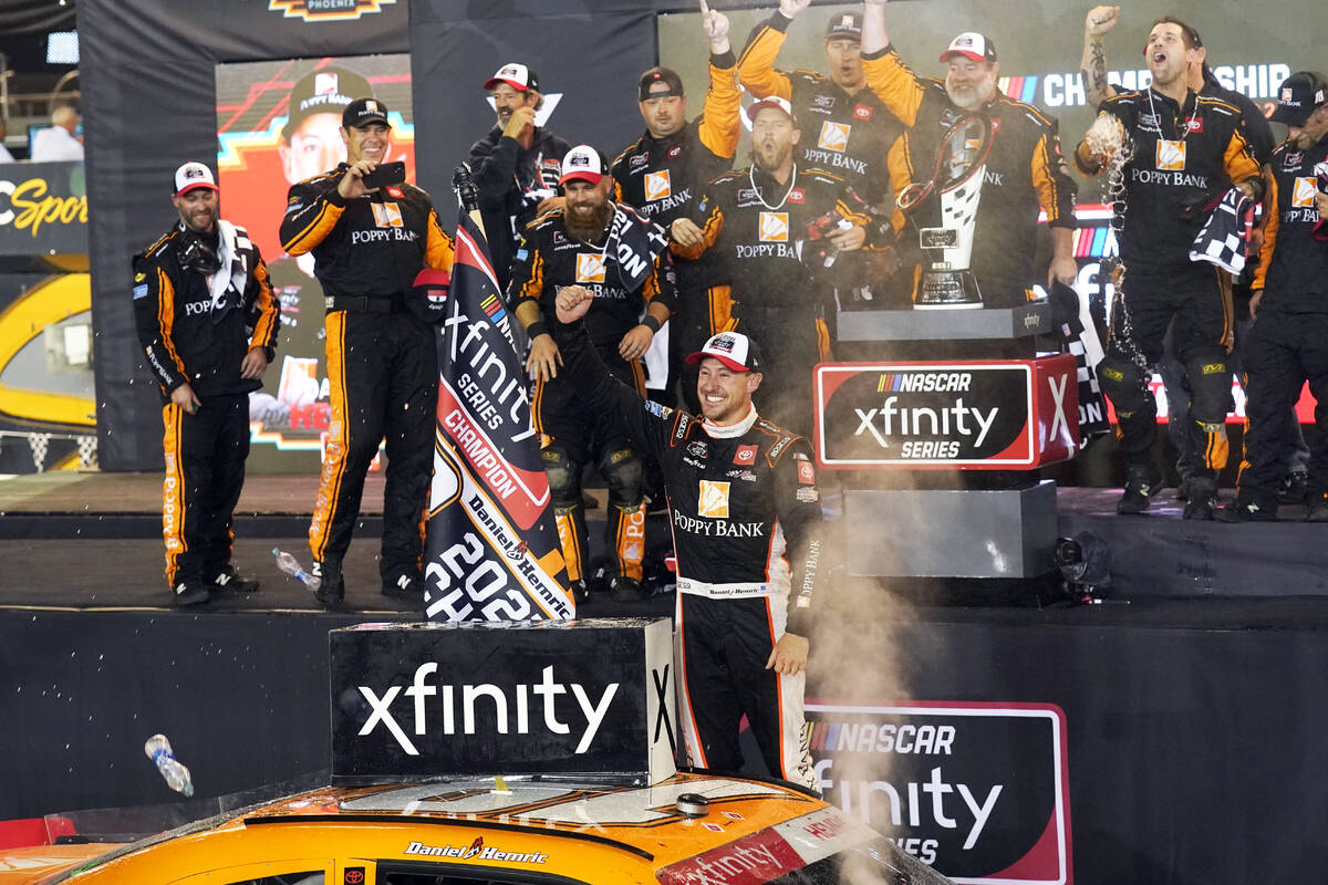 Daniel Hemric celebrates after winning the NASCAR Xfinity Series auto race Saturday, Nov. 6, 20 ...