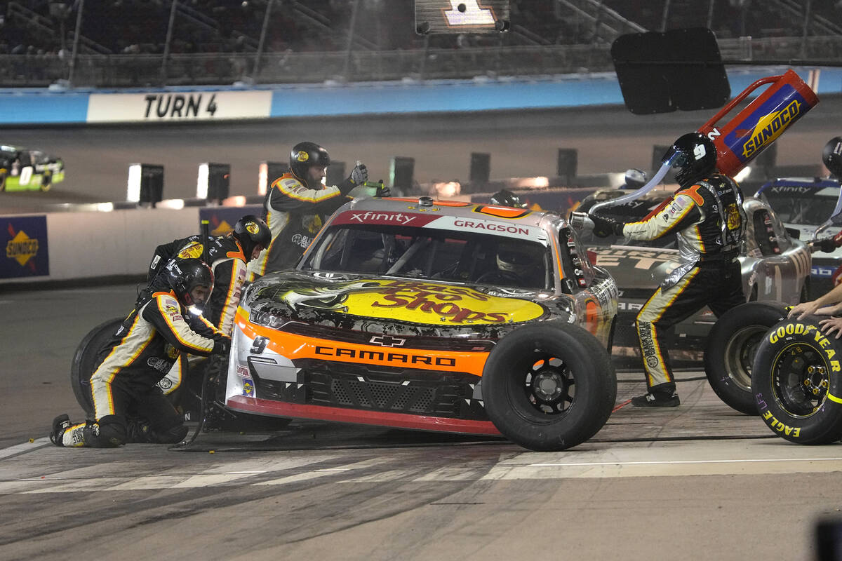 Noah Gragson makes a pit stop during the NASCAR Xfinity Series auto race Saturday, Nov. 6, 2021 ...