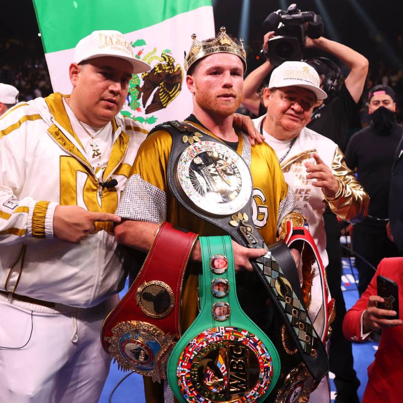 Saul “Canelo” Alvarez celebrates his 11th round knockout win against Caleb Plant ...