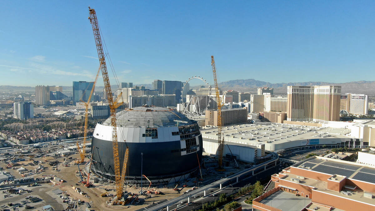 An aerial photo of the work site at the MSG Sphere at the Venetian on Friday, November 5, 2021. ...