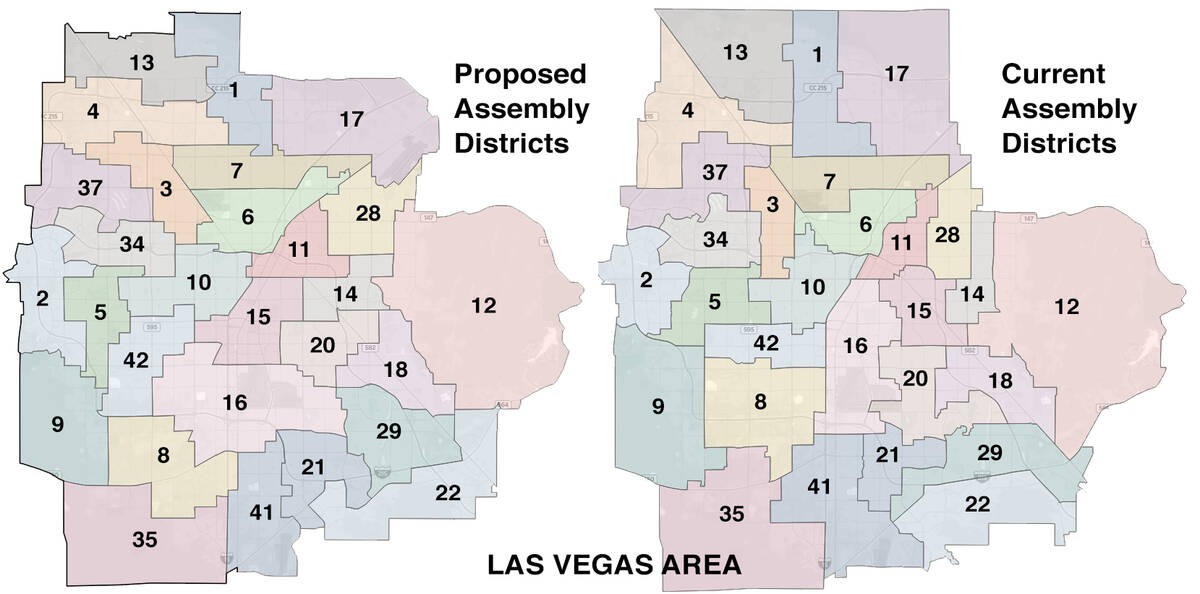 Current and proposed Assembly districts, Las Vegas area, compared.