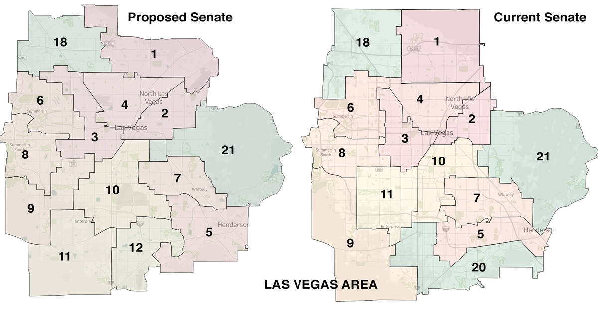 Current and proposed State Senate districts, Las Vegas area, compared.