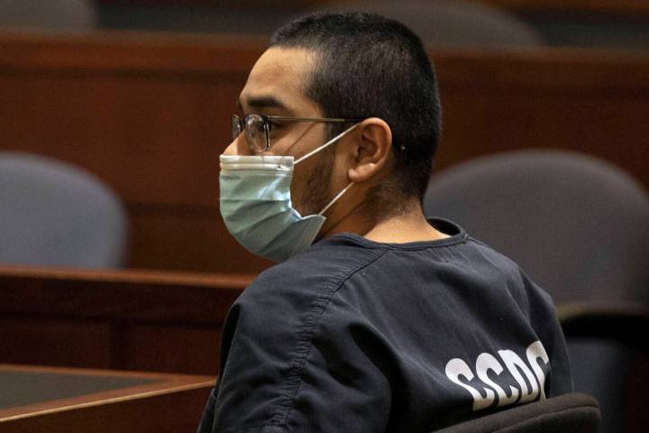 Edgar Samaniego, charged in the shooting of a Las Vegas police officer, appears in court during ...