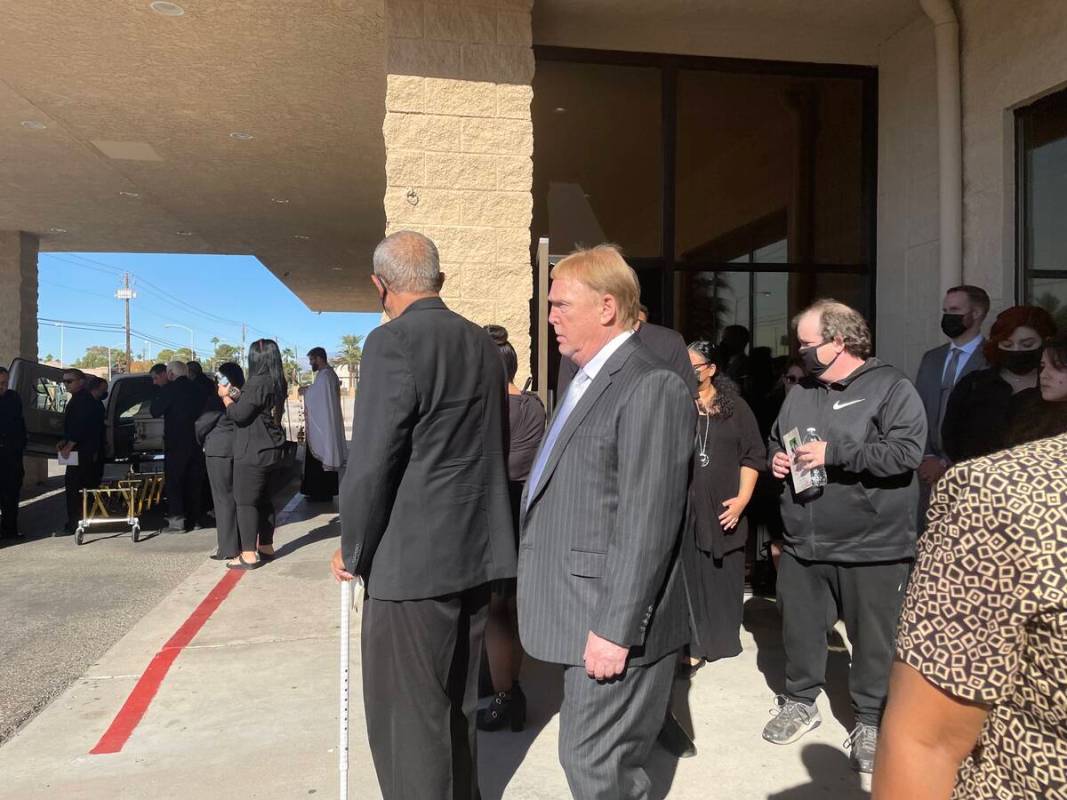 Raiders owner Mark Davis is seen leaving Tina Tintor's funeral at St. Simeon Serbian Orthodox C ...