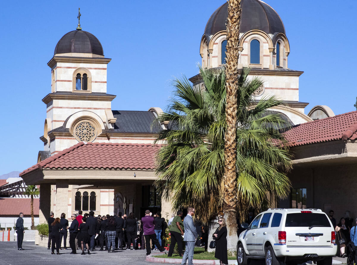 Mourners line up outside of St. Simeon Serbian Orthodox Church to attend Tina Tintor's funeral ...