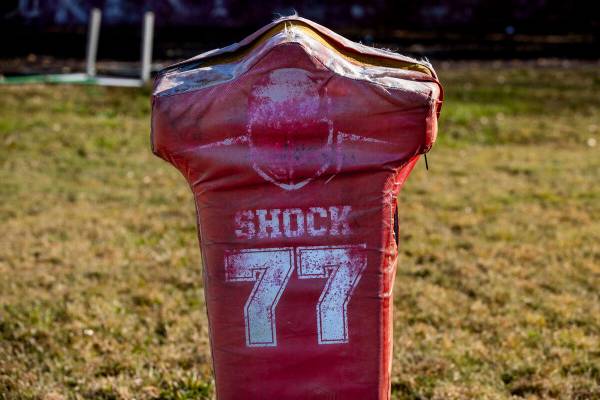 A tackling sled dummy on the football field at Robert E. Lee High School where Henry Ruggs play ...