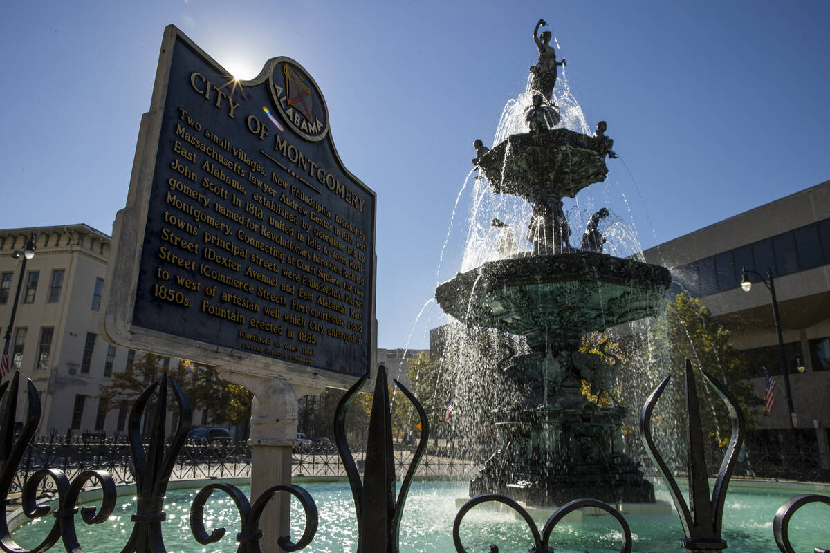 A historical marker at the Court Square Fountain in downtown Montgomery, Ala., pictured on Tues ...