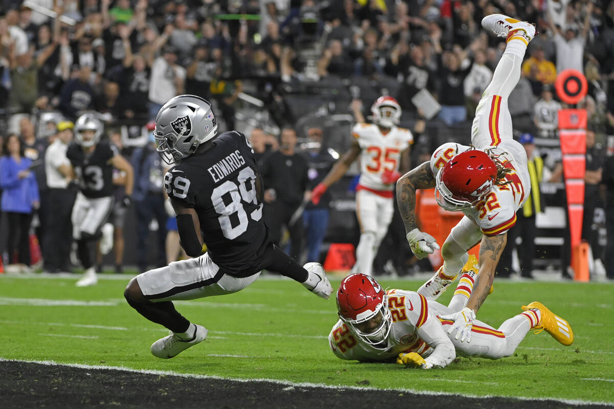 Las Vegas Raiders wide receiver Bryan Edwards (89) scores a touchdown against the Kansas City C ...