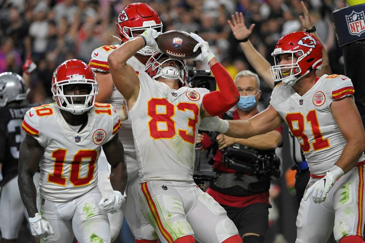 Kansas City Chiefs tight end Noah Gray (83) celebrates after scoring a touchdown against the La ...