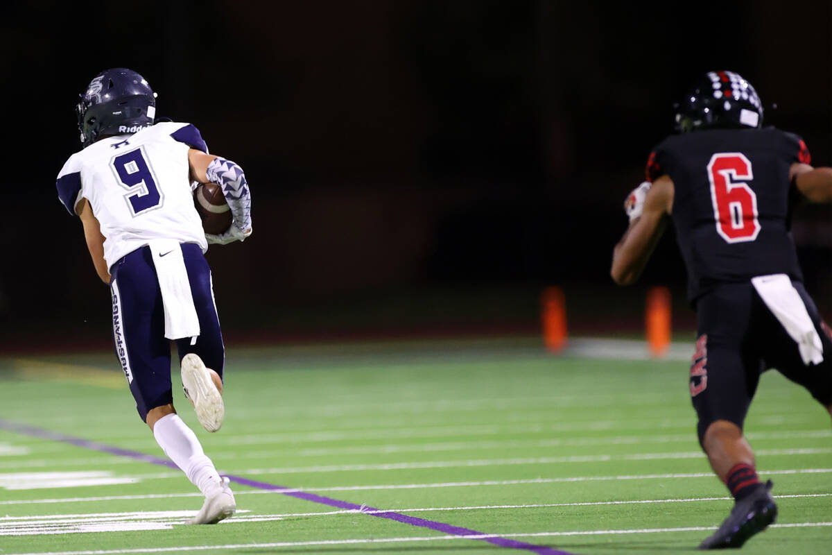 Shadow Ridge's Jonah Ruiz (9) intercepts the ball intended for Las Vegas' Stephan Hunt (6) befo ...