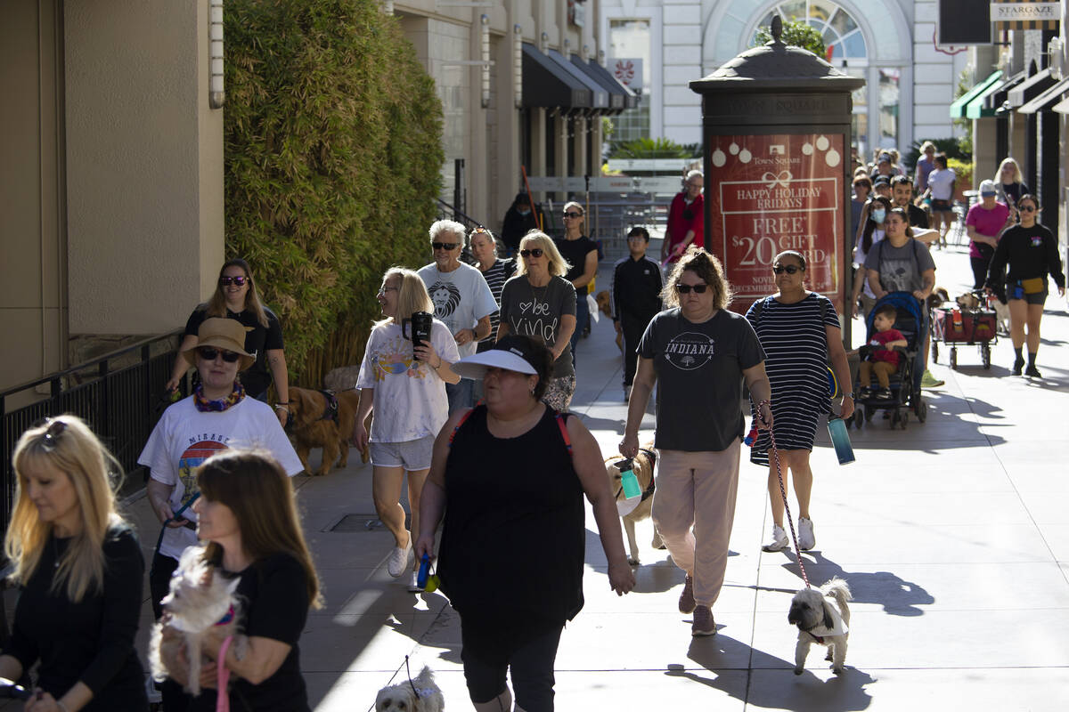 Owners and canines walk in honor of Tina Tintor and her golden retriever, Max, at Town Square L ...