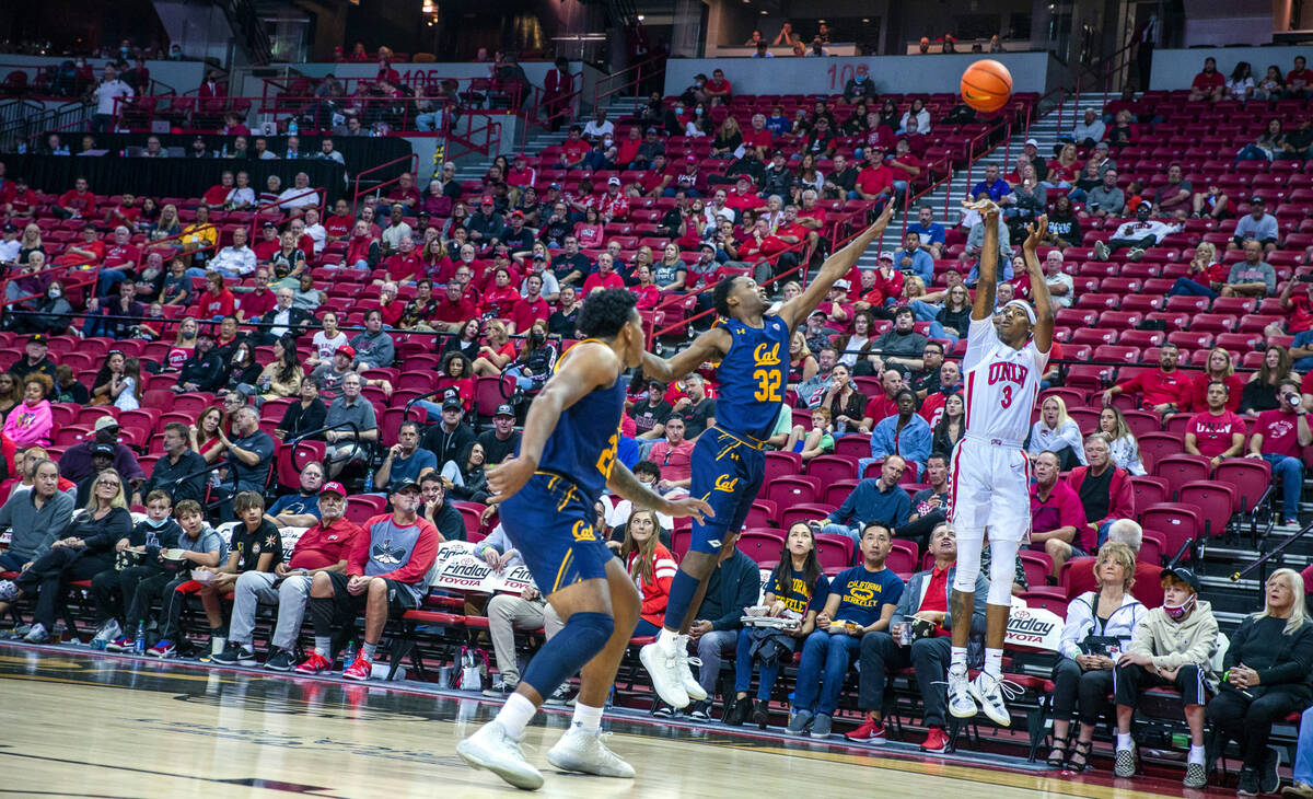 UNLV Rebels forward Donovan Williams (3) releases another three-point attempt over California G ...