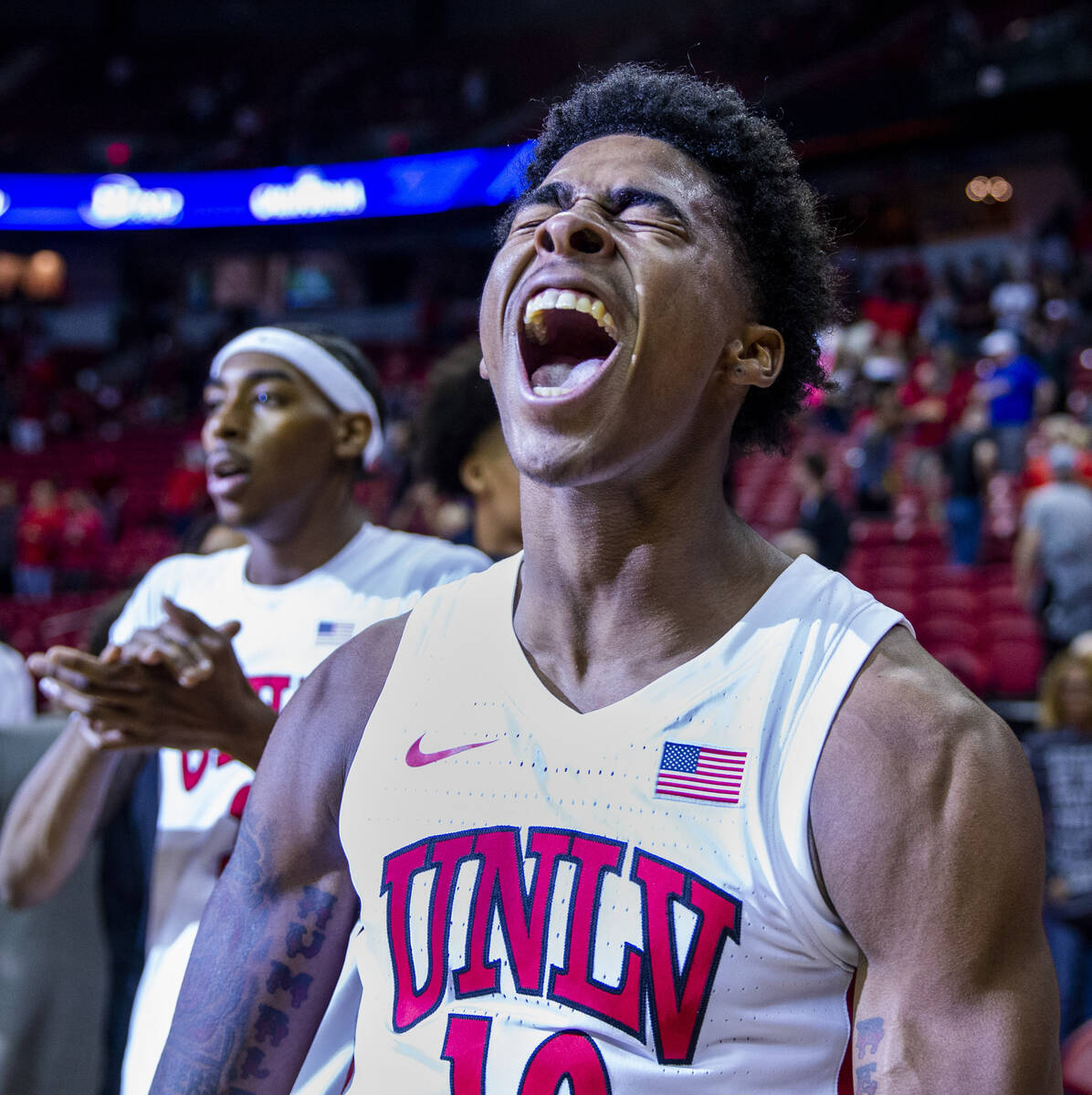 UNLV Rebels guard Keshon Gilbert (10) yells in triumph as they defeat the California Golden Bea ...