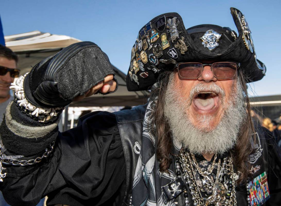 Captain Jack Rack'Em gives a yell in tailgating before an NFL game versus the Kansas City Chief ...