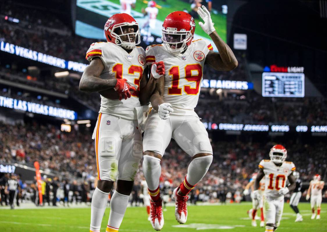 Kansas City Chiefs wide receiver Byron Pringle (13) celebrates after making a touchdown recepti ...