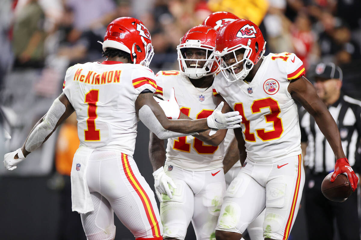 Kansas City Chiefs wide receiver Byron Pringle (13) celebrates a touchdown against the Raiders ...