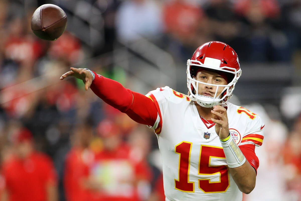 Kansas City Chiefs quarterback Patrick Mahomes (15) makes a pass during the second half of an N ...