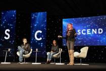 Jared Isaacman, commander for the SpaceX Inspiration4 Mission, left, and Sirisha Bandla, vice p ...
