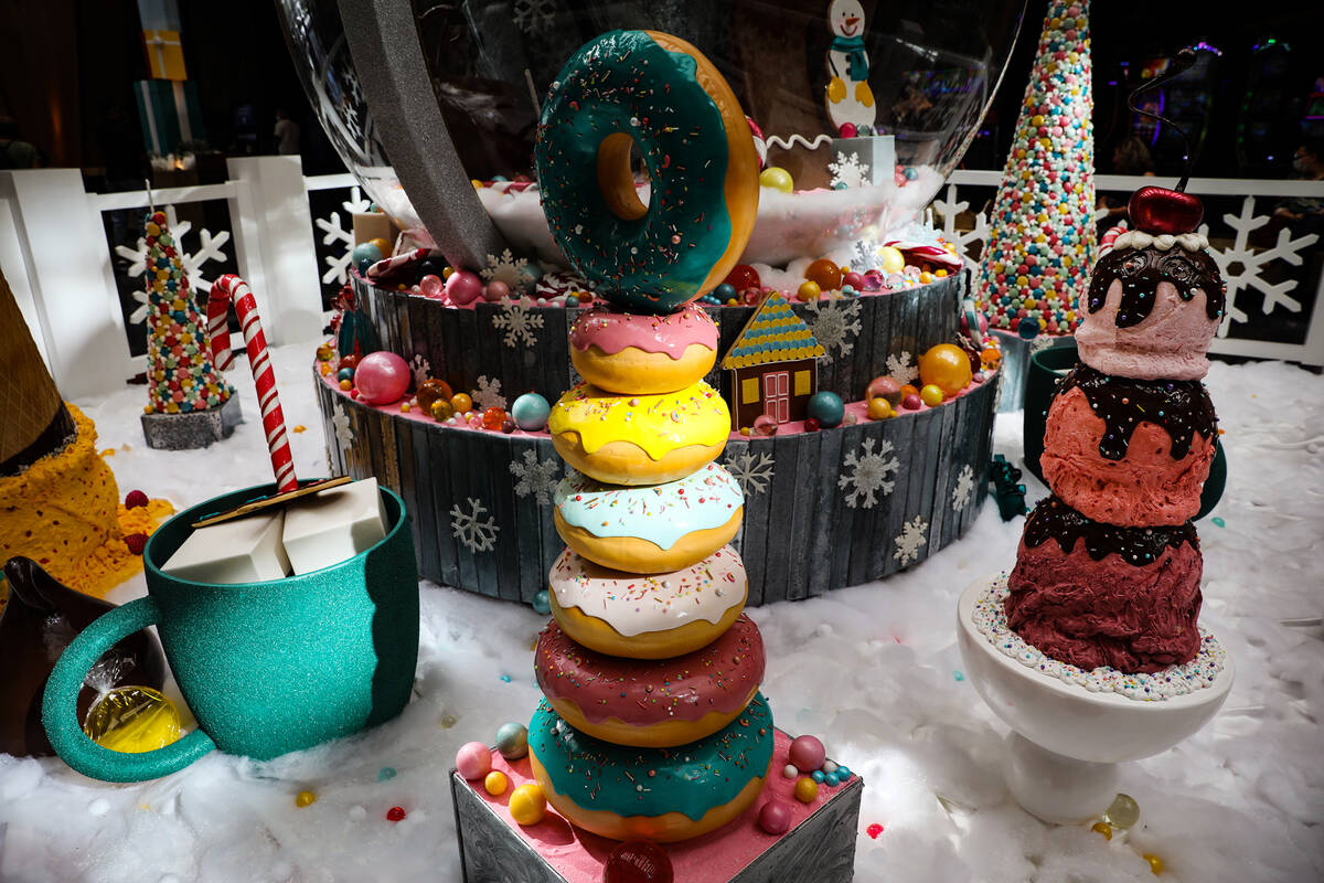 The holiday display made of mostly candy created by the Aria’s pastry team at the Aria i ...