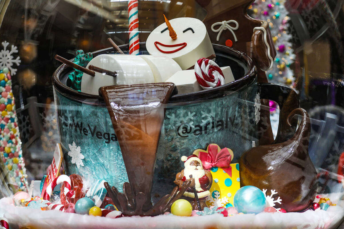 The holiday display made of mostly candy created by the Aria’s pastry team at the Aria i ...