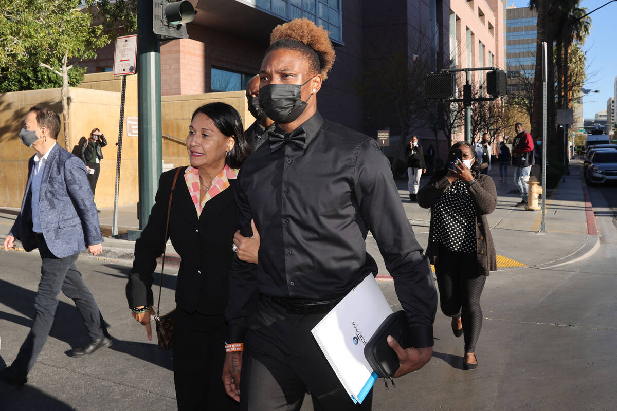 Henry Ruggs walks out of the Regional Justice Center in Las Vegas on Monday, Nov. 22, 2021. Jus ...