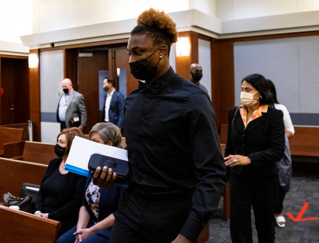 Henry Ruggs, former Raiders wide receiver, arrives at the courtroom for his hearing at the Regi ...
