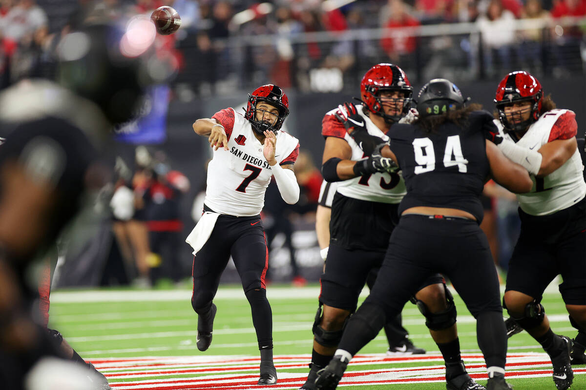 San Diego State Aztecs quarterback Lucas Johnson (7) throws a pass during the first half of an ...