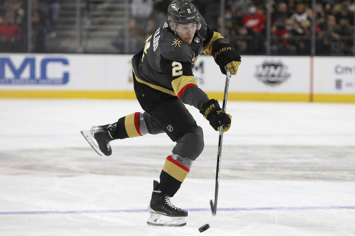 Vegas Golden Knights defenseman Zach Whitecloud (2) shoots and scores against the Detroit Red W ...