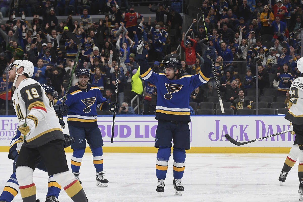 St. Louis Blues' Brandon Saad (20) celebrates after scoring a goal during the second period of ...