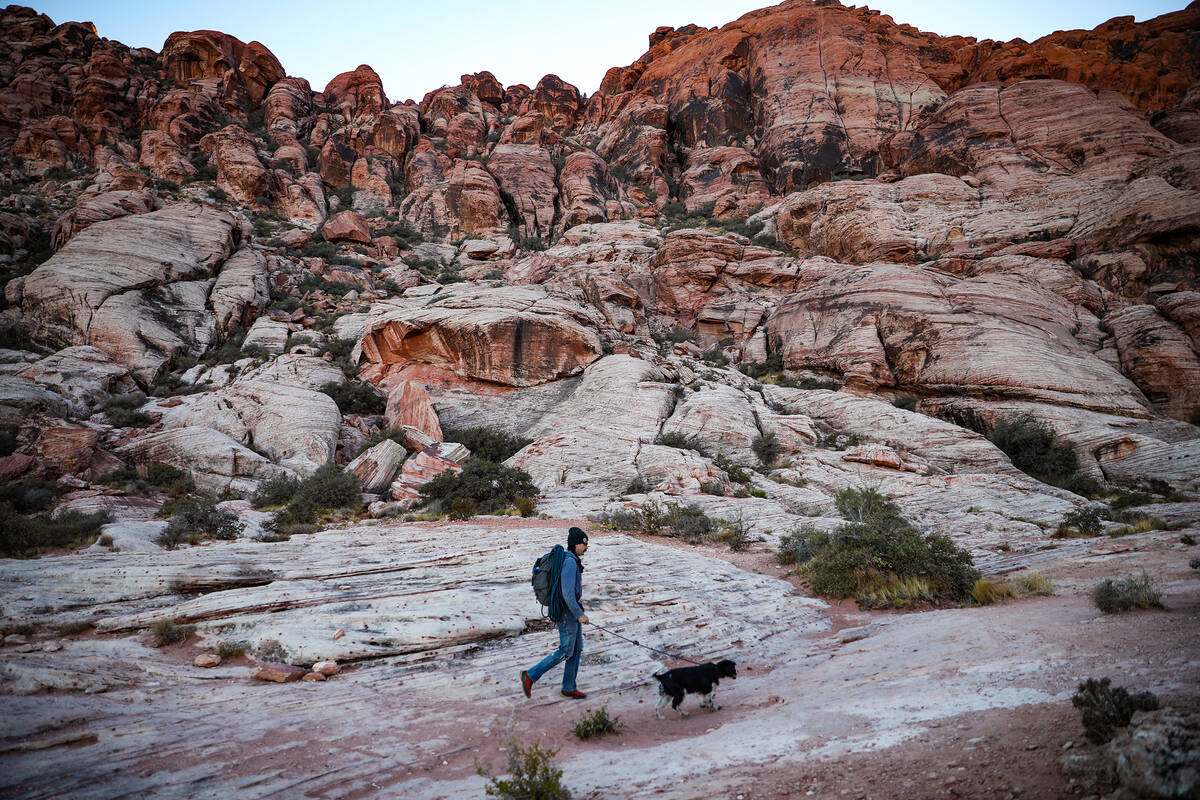 Jake Yelton, of Laramie, Wyo., walks the trail with his dog Max on his way to climb at Calico B ...