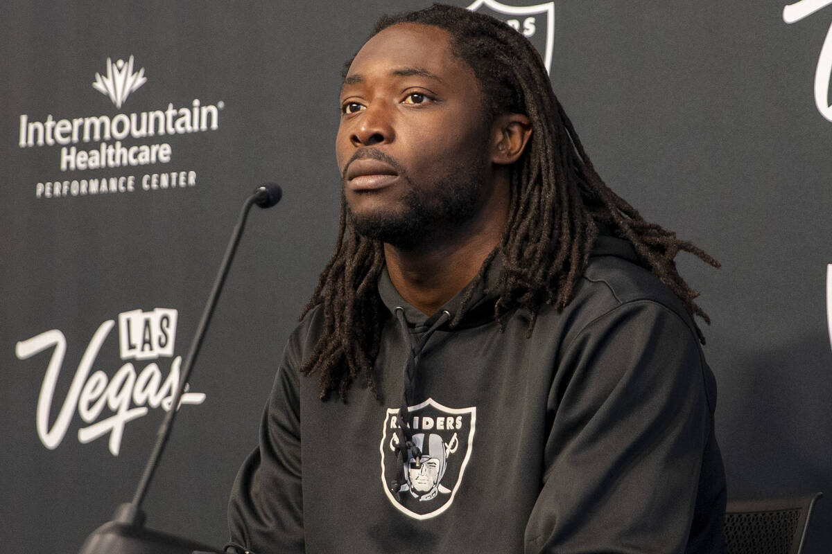Raiders outside linebacker Cory Littleton takes questions during a news conference at Raiders h ...