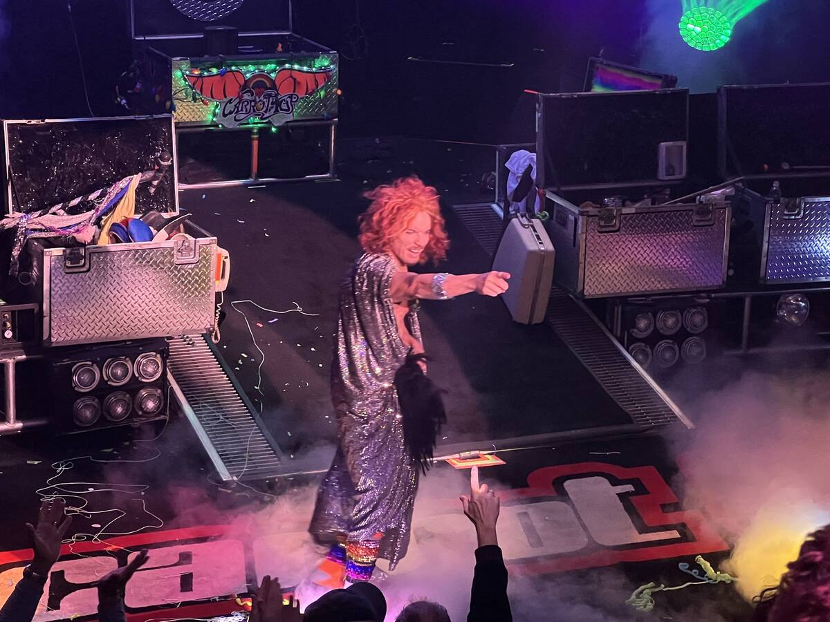 Carrot Top performs during his 16th anniversary show at the Luxor on Monday, Nov. 22, 2021. (Jo ...