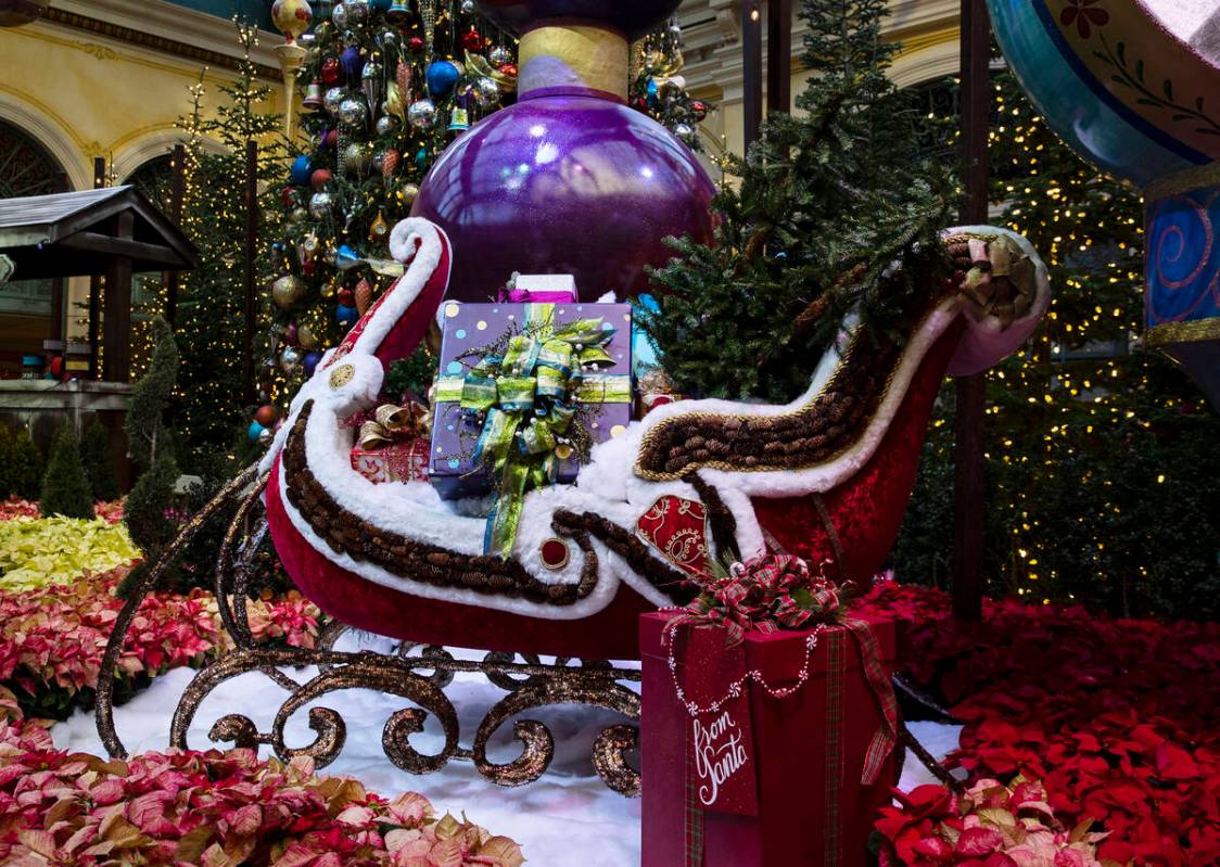 The Christmas sleigh filled with gifts is displayed at tThe Bellagio Conservatory's holiday dis ...