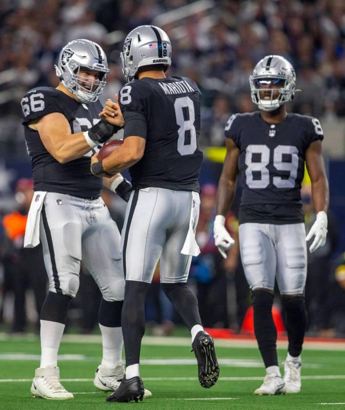 Raiders quarterback Marcus Mariota (8) holds on to the football after scoring against the Dalla ...